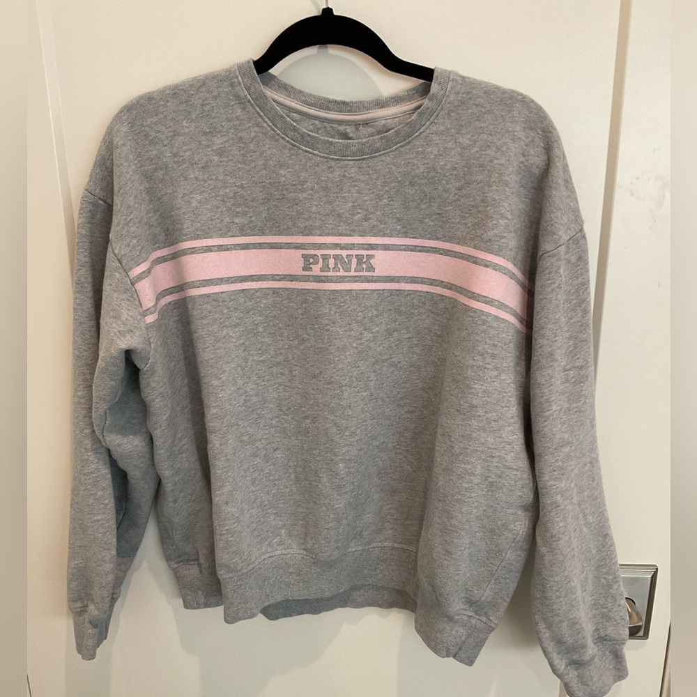 PINK Victoria's Secret Gray Sweatshirt with Pink Stripe - Picture 2 of 6